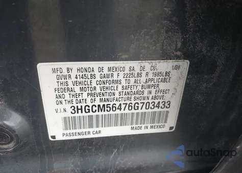 2006 Honda Accord 2.4 Lx from USA, damaged, VIN 3HGCM56476G703433